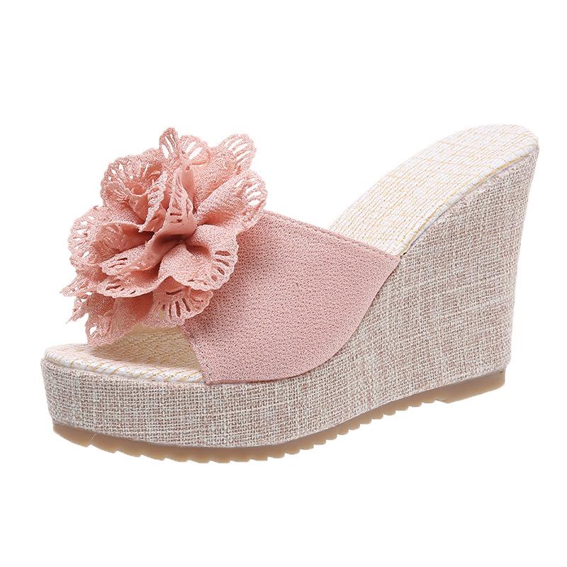 Fashion 2025 Summer Flowers Home and Outdoor Thick-soled One-Line Fish Mouth Sandals/Slippers Large Size Fashionable Wedge Women's Shoes