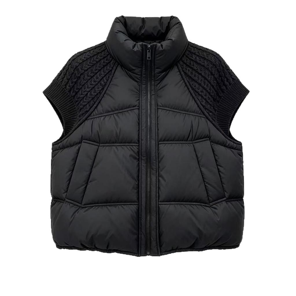 American stand-up collar knitted sleeves spliced vest women, autumn and winter new loose and thin versatile half-sleeved women's clothing, coat
