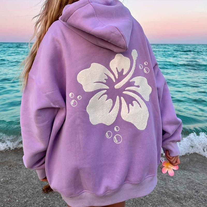 Kvinner Tykk Langermet Høst og Vinter O-Hals Hettegenser Vintage Blomsterprint Mote Løse Sweatshirts med Lomme