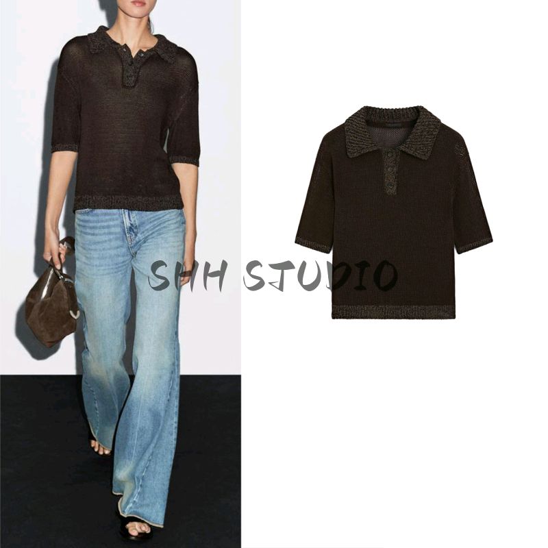 MD Early Autumn New Women Clothes Intelligent Commuter Style Slightly Transparent Hollow Cotton Short Sleeve Knitted Polo Shirt 5627826