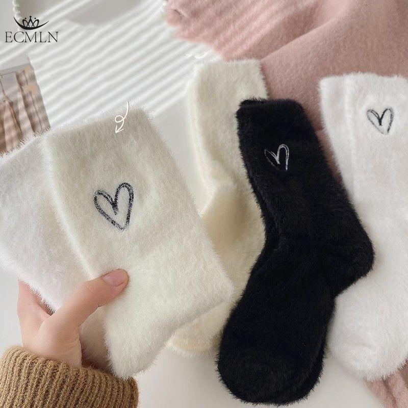 Women's Mink Velvet Socks Mid-tube Autumn and Winter Plush Thickened Socks Furry Love Black and White Sleep Plush Socks
