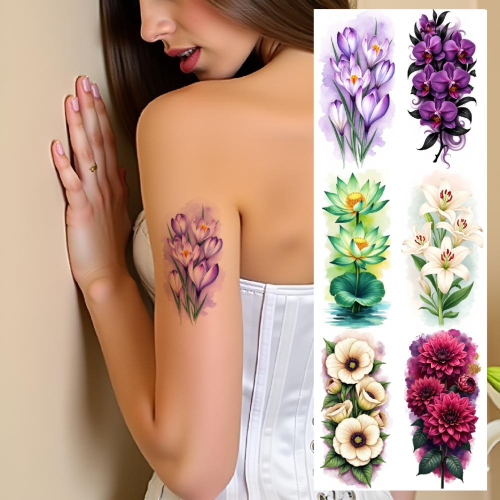 9pcs Temporary Tattoo Waterproof Long-lasting Body Stickers Sunflowers Peonies Orchids For Back Adult Male
