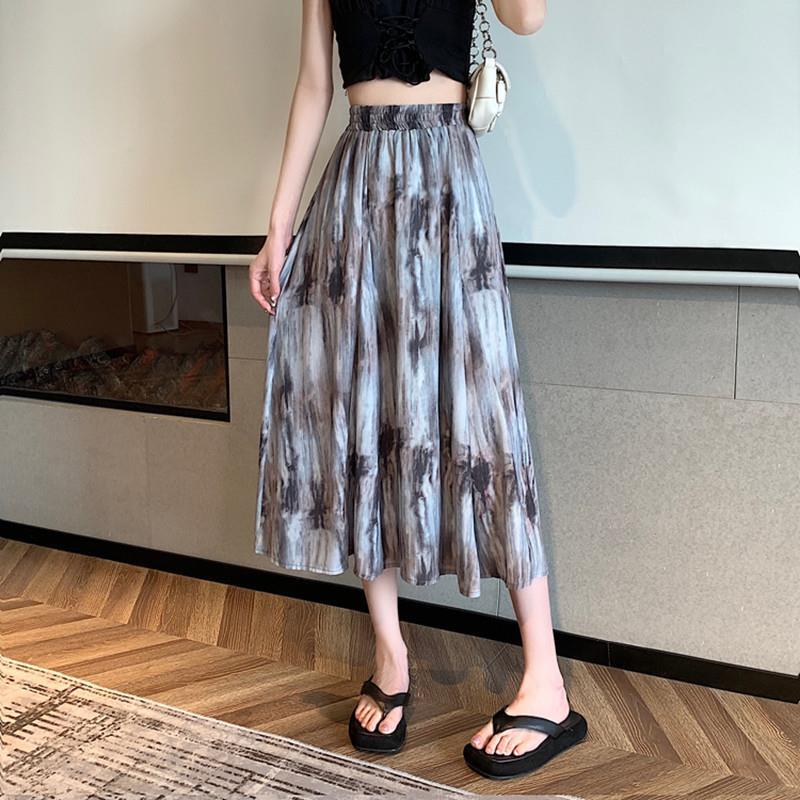 Tie-dye ink printing high-waisted skirt women's summer design sense niche covering a-shaped skirt medium and long covering umbrella skirt