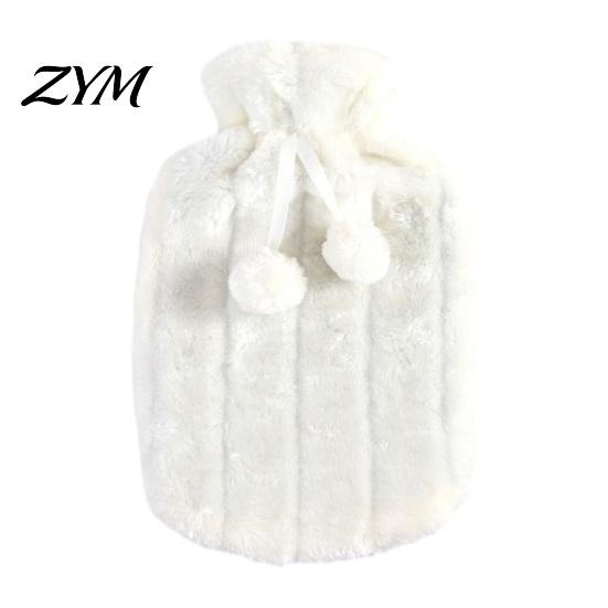 Reusable Hot Water Bag 2L Bottle with Plush Cover, Pompom Drawstring Explosion Proof Bag, Winter Warm for Hands, Feet, Stomach 2000ML