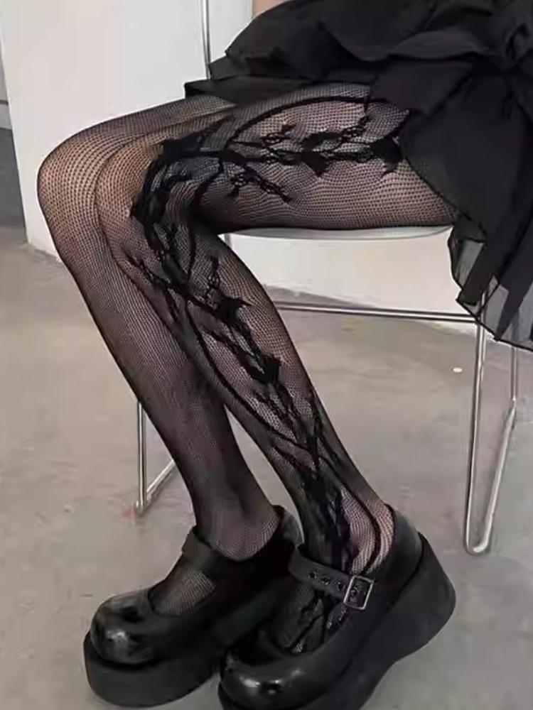 Women Sexy Mesh Openwork Lace Base Layer Tights Summer Thin Vine Pattern Pantyhose Subculture Punk Slim-fit Fishnet Stockings