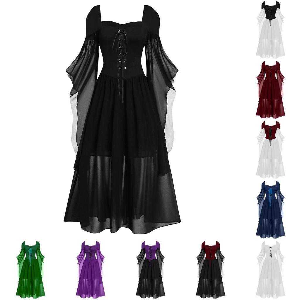 Halloween Women Adult Lacing Dress Medieval Witch Cosplay Costume Party Elegant
