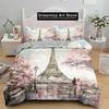 Eiffel Tower Duvet Cover Romantic Couple Flower King Comforter Cover Microfiber France Paris Cityscape Bedding Set For Girl Teen