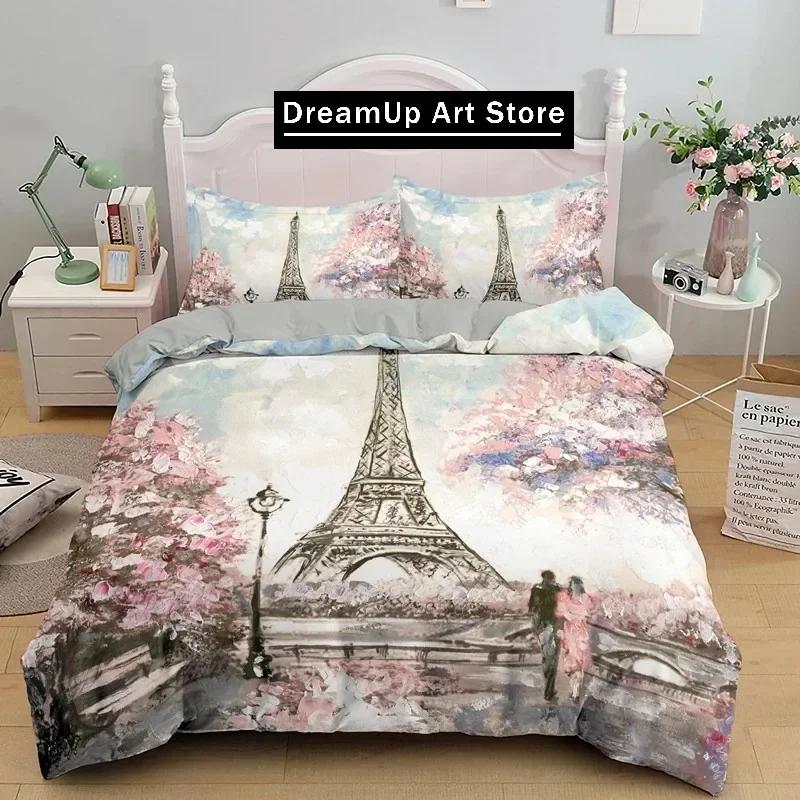 Eiffel Tower Duvet Cover Romantic Couple Flower King Comforter Cover Microfiber France Paris Cityscape Bedding Set For Girl Teen