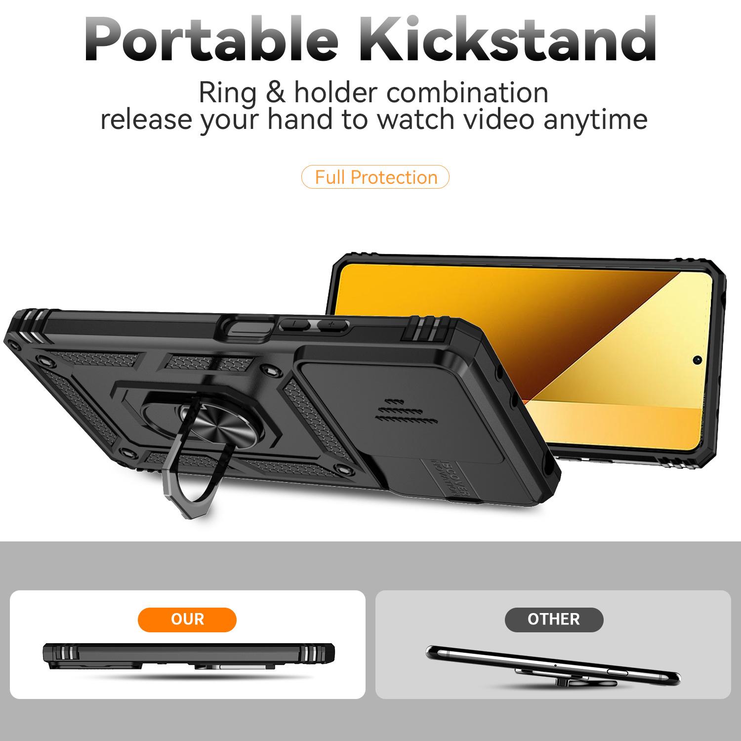

For Xiaomi Redmi Note 13 5G Case Car Mount Kickstand PC+TPU Phone Cover Slide Lens Protection Black