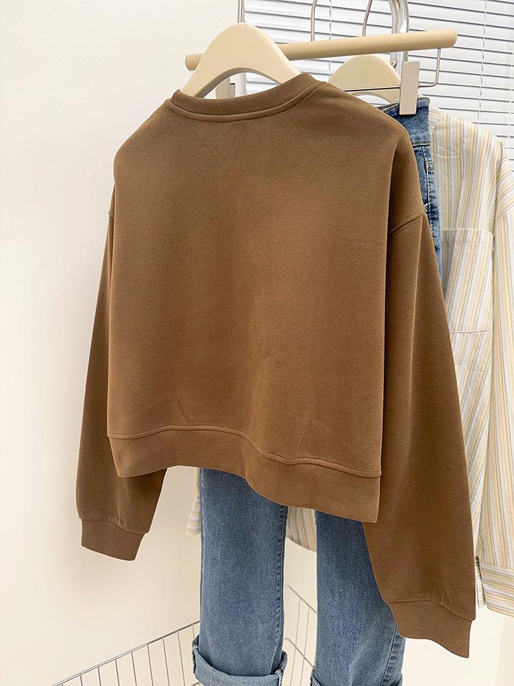 Large American Print Round Neck Pullover: Belly-Covering, Casual, Versatile Long Sleeve Cropped Sweater