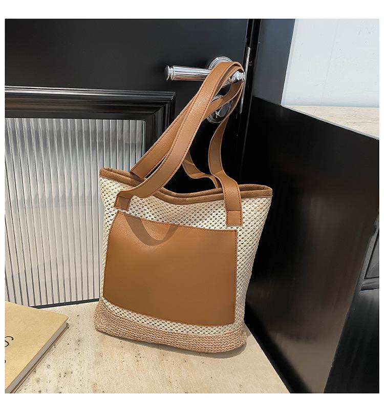 

Пэчворк новая модная плетеная сумка-ведро большой вместимости пляжная соломенная сумка на плечо портативная сумка-тоут женская сумка коричневый