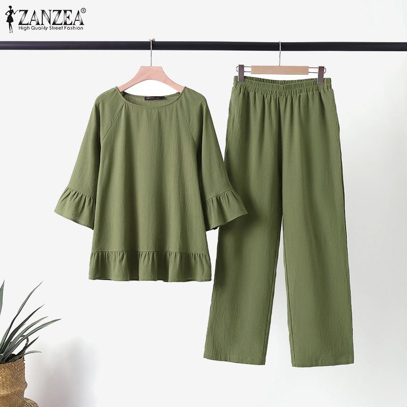 

ZANZEA Хлопковая женская блузка с рукавами 3/4 и брюки, летний костюм