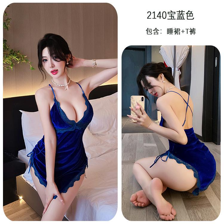 Sex lingerie sexy deep V passion seduction velvet nightgown cross lace-up halter pajamas