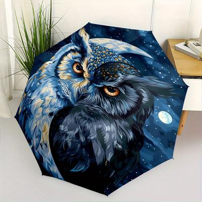 Eulen-Nacht-Thema Automatischer Öffnungs-/Schließ-Mode-Regenschirm, Tragbarer 3-fach kompakter Regenschirm für Männer & Frauen, Valentinstags-Muttertags-Geschenk0725066