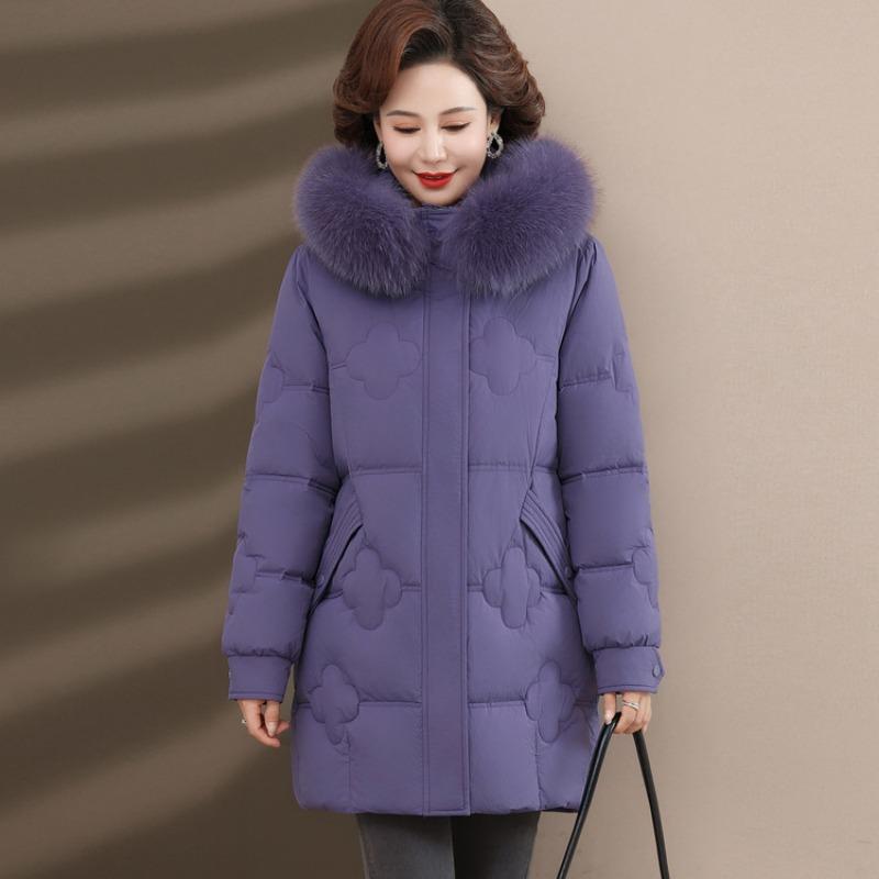 New down jacket mother women's clothing medium and old winter medium and long thickened fox fur collar white duck down jacket