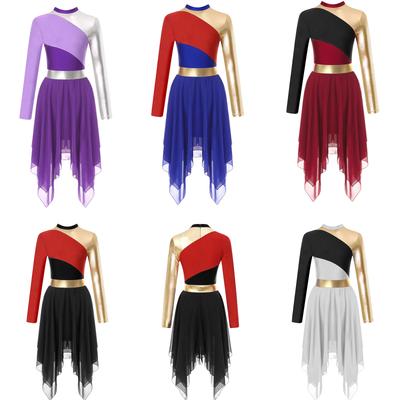 Women's Performance Leotard Dress S-XXL: Modern Color Block Patchwork Design, Long Sleeve with Dramatic Irregular Hem