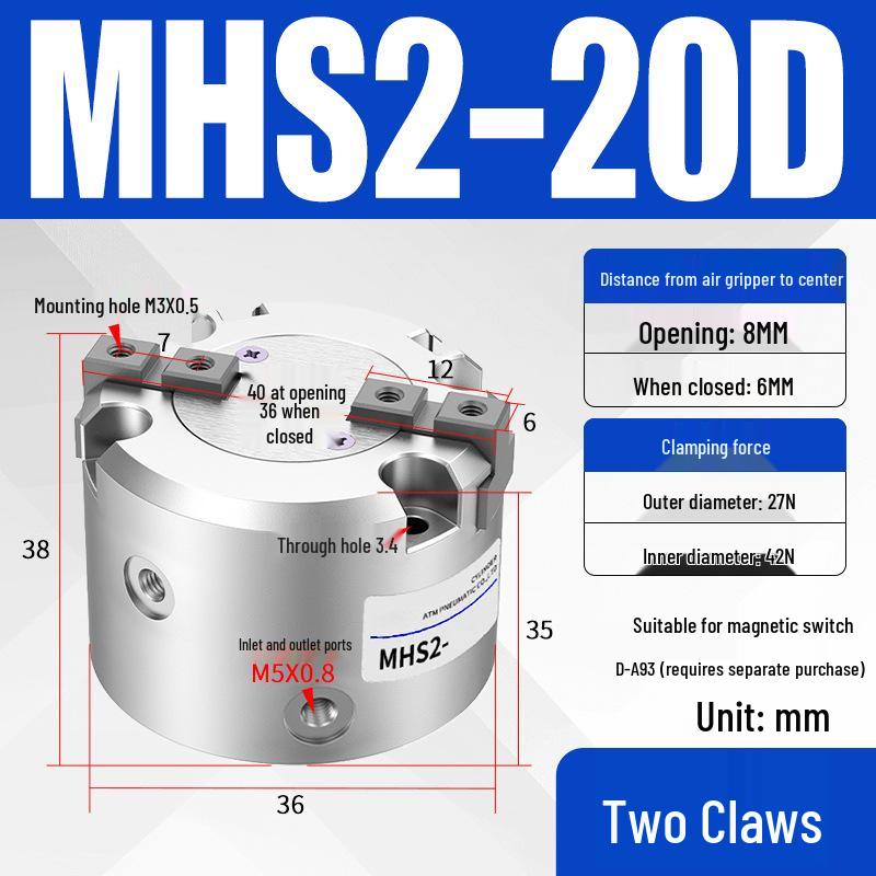 Pneumatic Gripper with Dual, Triple, and Quad Jaw Options: MHS2/3/4-16D/25D/40D/50/63D Clamping Cylinder
