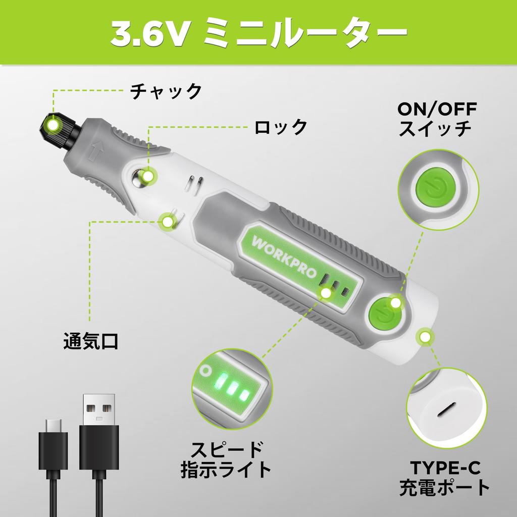 WORKPRO Mini RPM Variable for and Stain Includes Japanese Instruction Router, 3.6V, 69-Piece Set, 17,000 High-Speed Rotation, 3-Speed Speed, Type-C