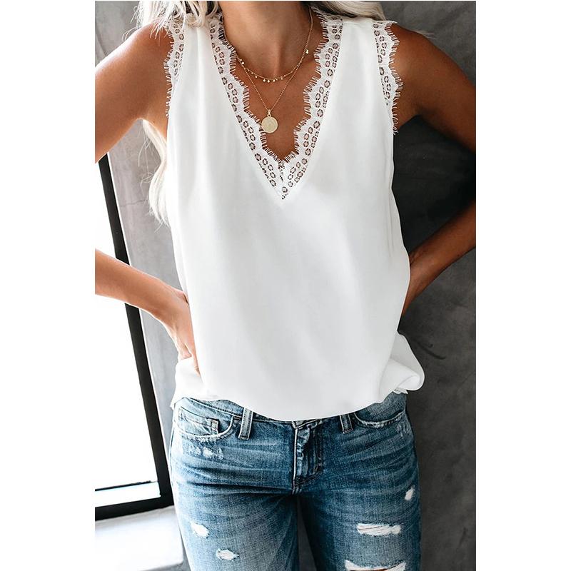 Womens Summer Sleeveless Button Shirts Casual Pure Color V-Neck Tank Tops Ladies Loose T-shirts Lace Blouses