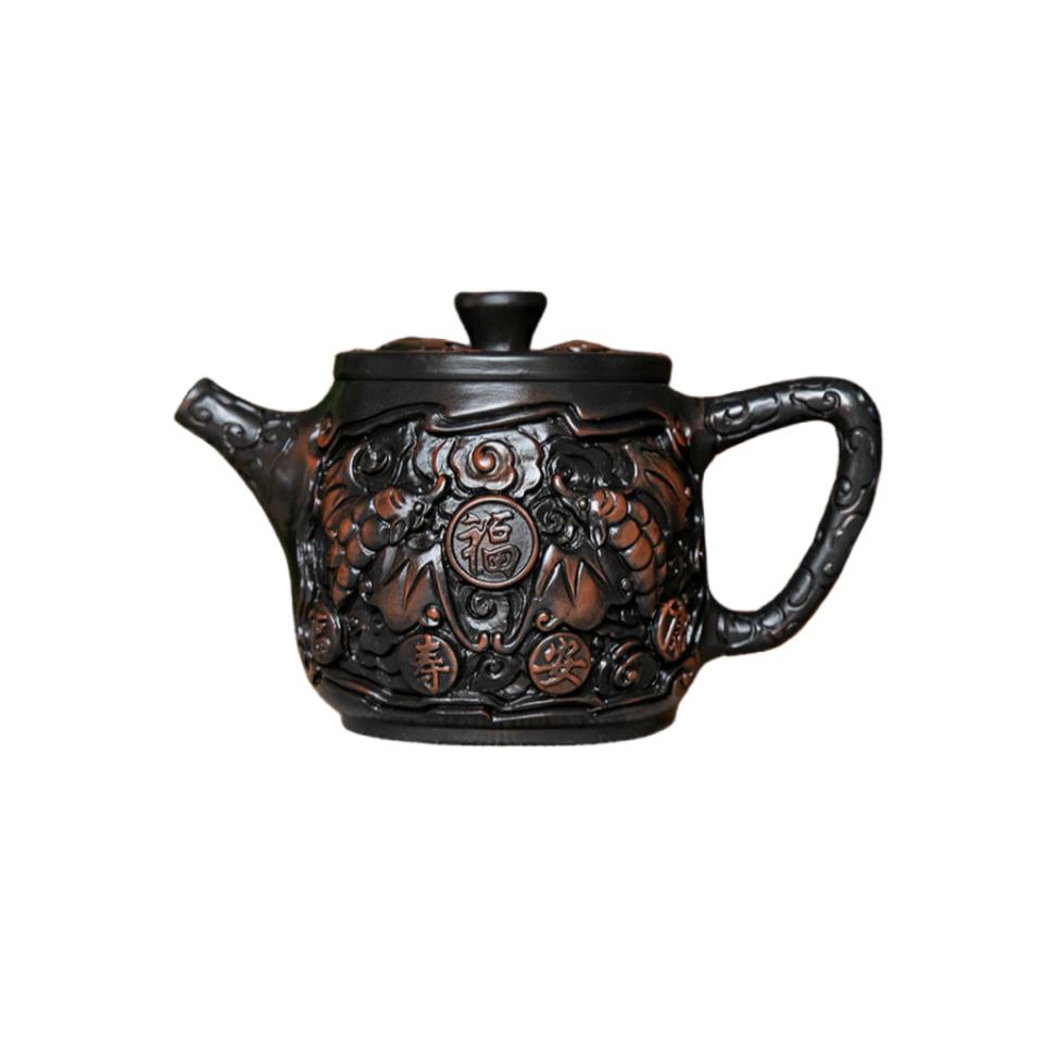 Purple Pottery Vintage Handmad Teapot Ceramic Carve Kung Fu Teapot Single Teapot Pu'er Tea Making Tea Sets Chinese Tea Pot