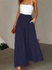 New European American Style Women's Summer Casual High Waist Wide Leg Long Culottes Trousers With Elastic Waistband