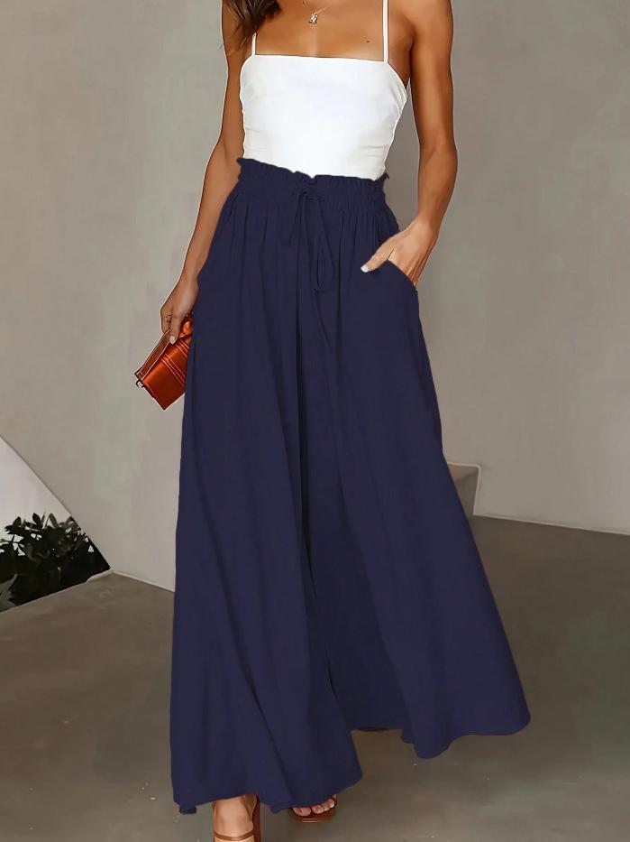 New European American Style Women's Summer Casual High Waist Wide Leg Long Culottes Trousers With Elastic Waistband