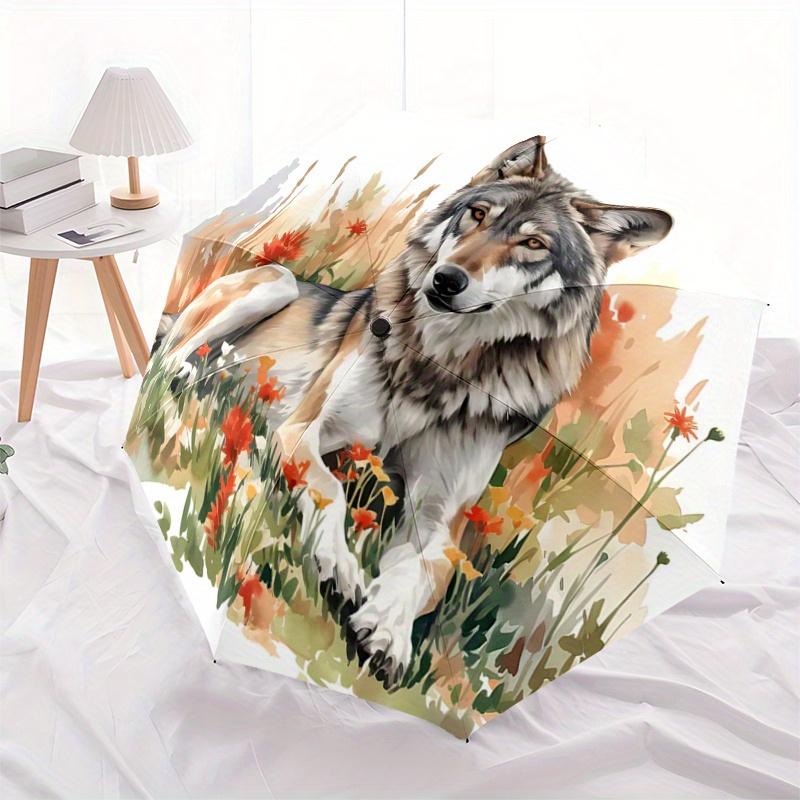 

1pc Wild Wolf amidst Autumnal Wildflowers Durable Cartoon Folding Umbrella,Compact Umbrella for Men and Women, Suitable for Travel or Daily Use.C032