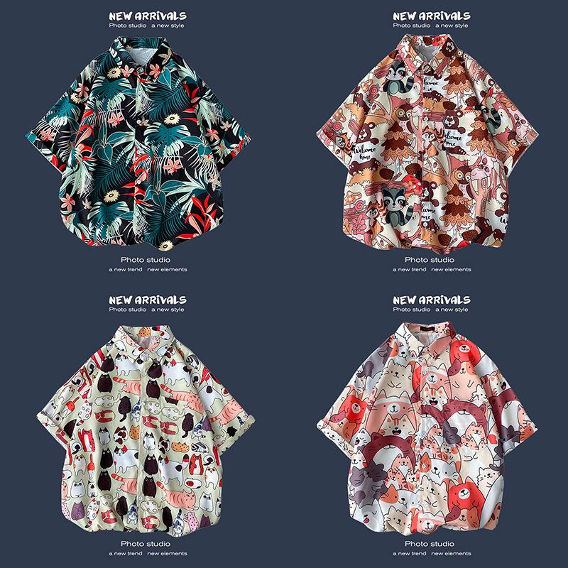 Letnia Koreańska Retro Kwiatowa Para Luźna Koszula z Krótkim Rękawem - Męski Modny Styl