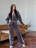 European and American velvet color matching two-piece set stand-up collar zipper jacket drawstring three bars wide-leg pants set women