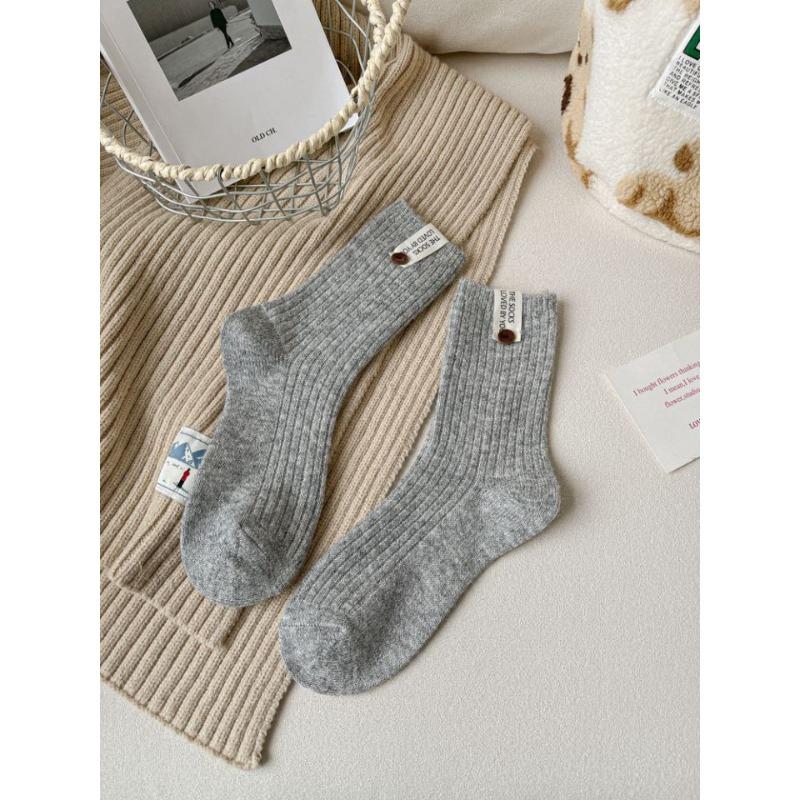 Women's Autumn and Winter Warm Solid Color All Purpose Fabric Logo Button Vertical Stripe Wool Tube Socks