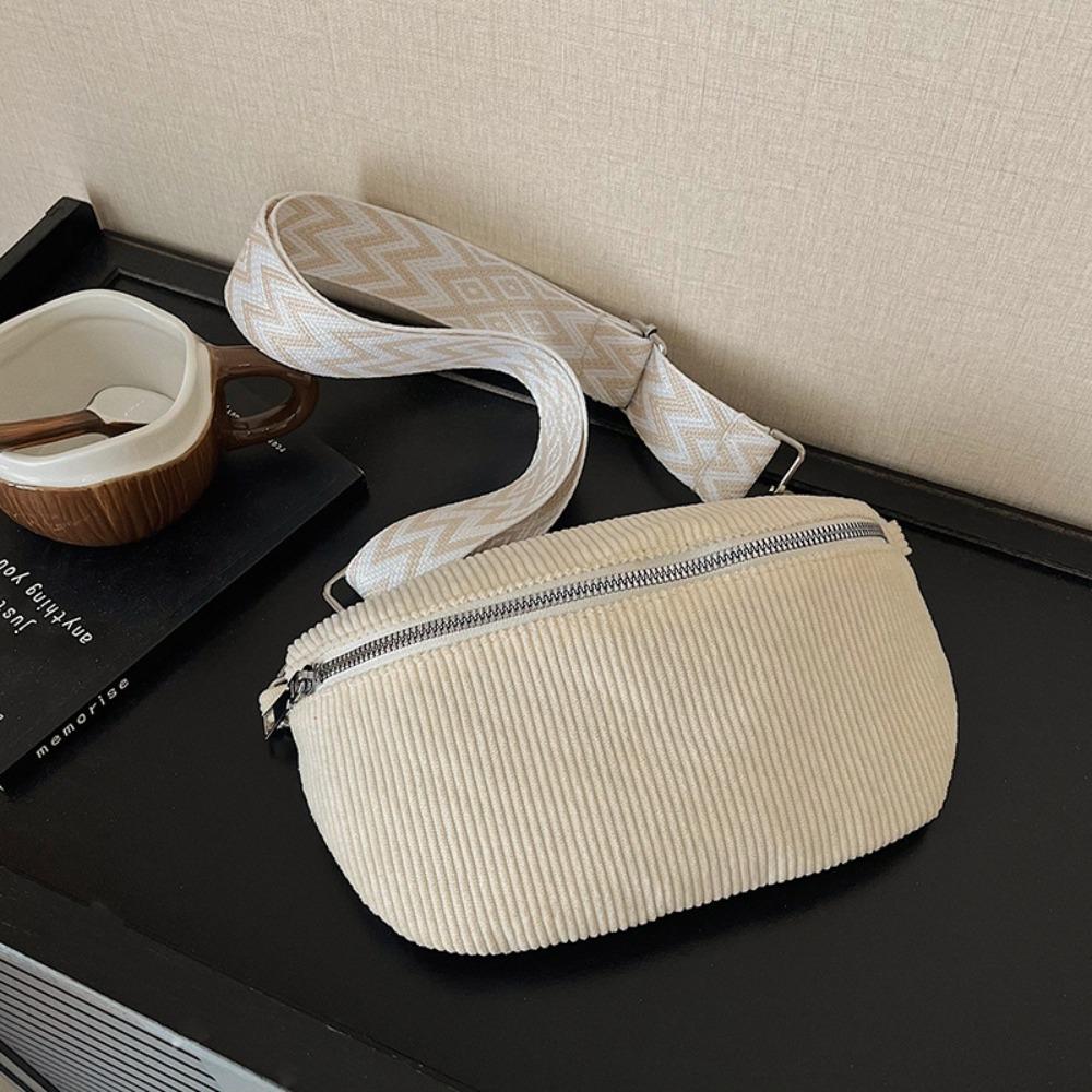 Fashion Corduroy Waist Bag Multi-pockets Zipper Crossbody Bags Wide Guitar Strap Shoulder Bags Outdoor