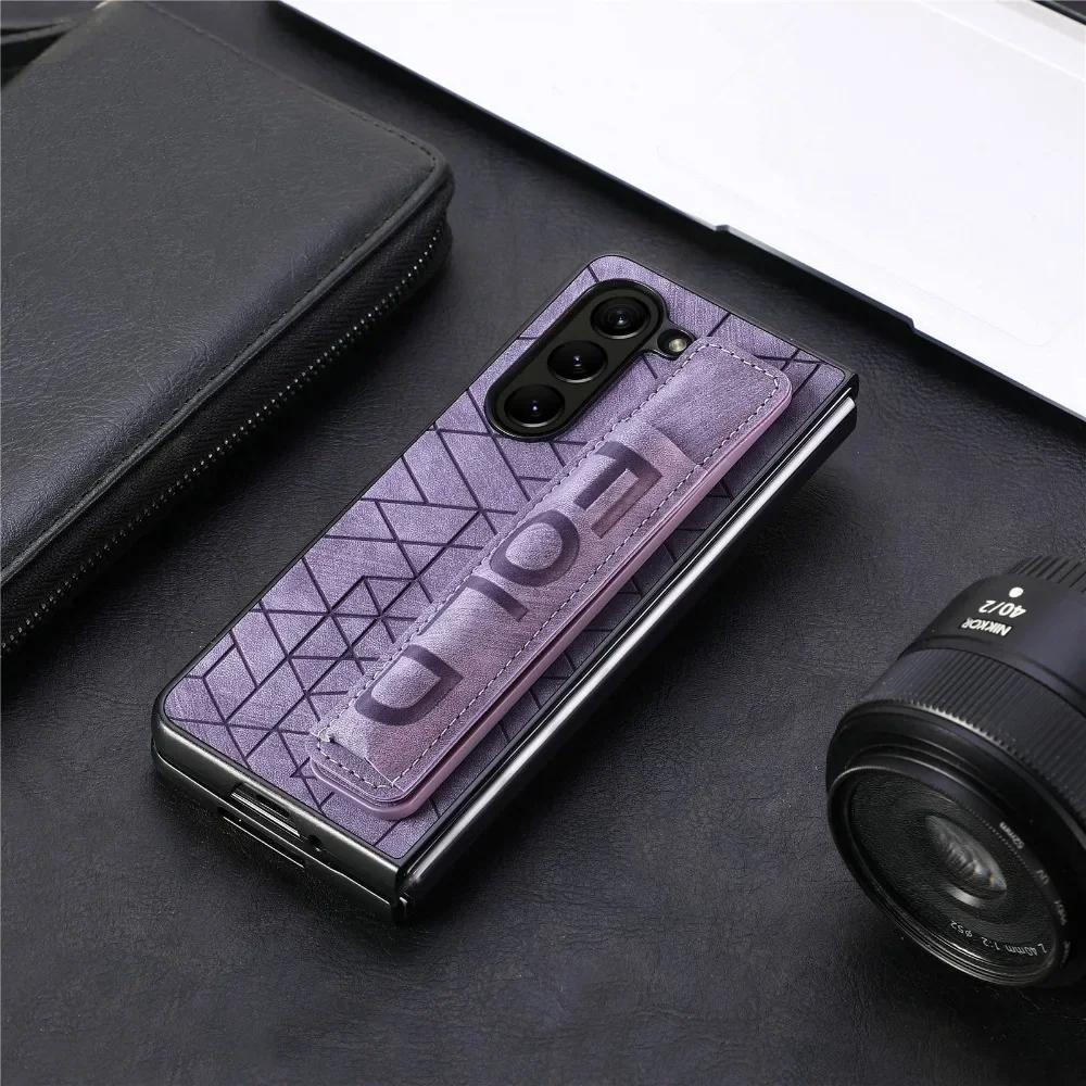 PU Leather Wrist Strap Cover for Samsung Galaxy Z Fold 6 5 4 3 5G Hard Phone Case with S Pen Holder & Finger Grip(no Pen)