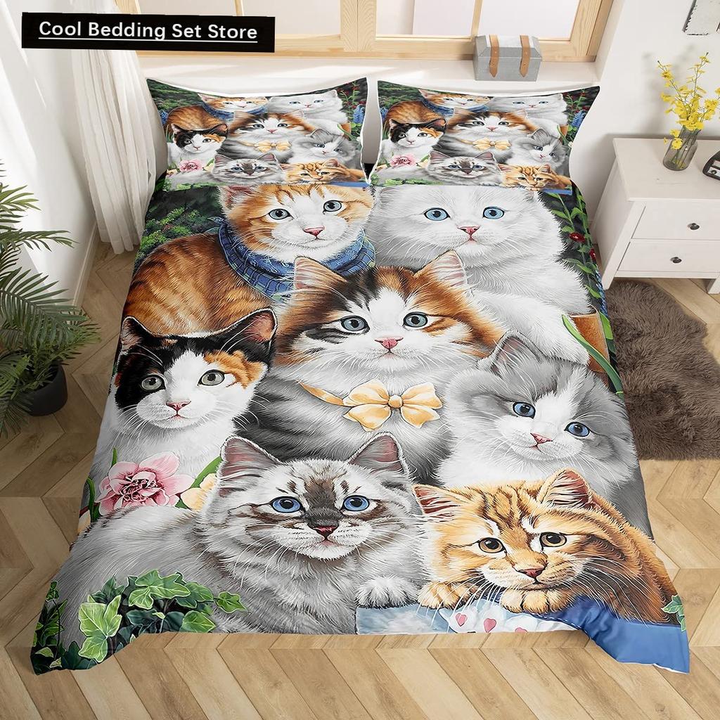 Cute Cat King Queen Duvet Cover Kitten Bedding Set Purple Floral Butterflies Polyester Quilt Cover Pet Animal Comforter Cover