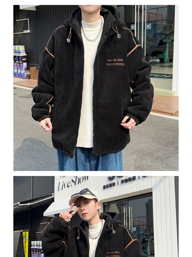 Men's Lambswool Hooded Coat, Autumn/Winter Embroidered Thick Cotton Jacket, Trendy Couple Style.