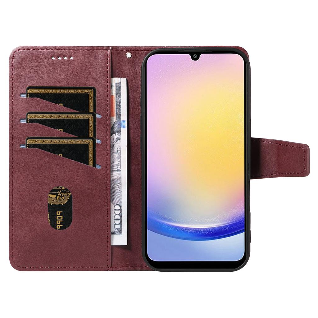 Pro Samsung Galaxy A25 5G (Globální) (161,0 x 76,5 x 8,3 mm) Kožené Pouzdro Peněženka Stojánek Mřížky Vytištěný Kryt na Telefon s Páskem - Vínově Červená