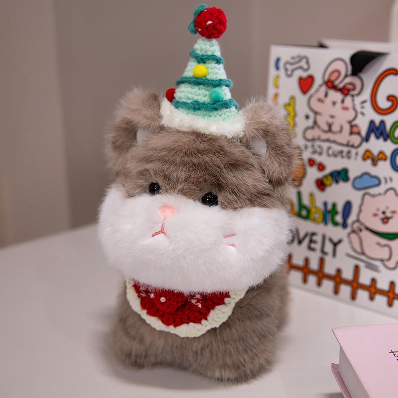 Cute Big Face Cat With Birthday Hat Fruit Cake Snack Bib Decor Kawaii Grey Orange Cats Kittens Plushie For Kids Birthday Gift