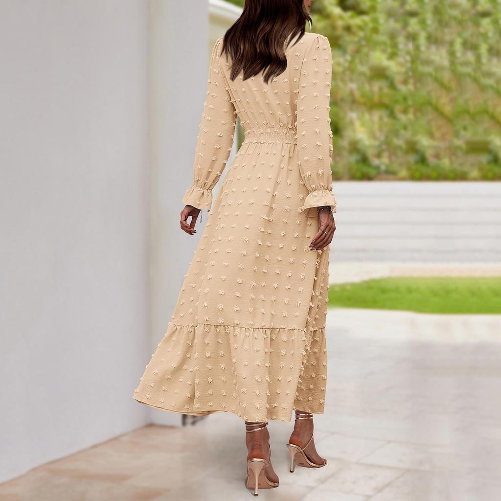 Damen Sommer Mode Locker V-Ausschnitt Langarm Ärmel Einfarbig Kleider