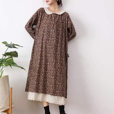 Japanese Floral Dress Loose Doll Collar Tie Fake Two Long Sleeves Long Dresses Women
