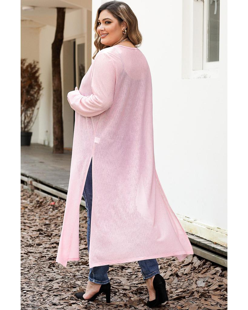 Azura Exchange Pink Sheer Knitted Long Side Slit Plus Size Cardigan