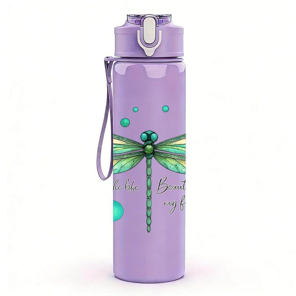 1PC Green Dragonfly Floral 750ml Color Plastic Sports Water Bottle Leakproof Flip Straw Lid Suitable for Sports Office Home Use