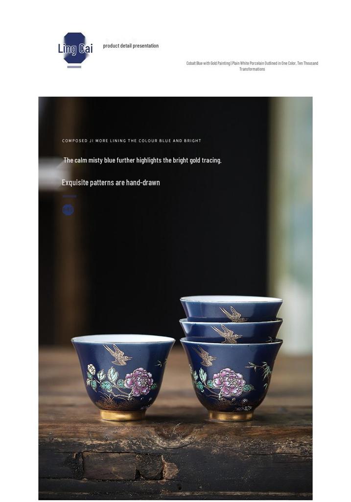 Sky Blue Gold-Accented Small Teacup Set for Home, Personalized Kung Fu Tea Tasting, Six-Cup Gift Box for Gifting.