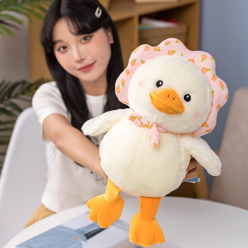 Lovely Fuzzy Duck Plush Toys Cartoon Stuffed Soft Duck with Flowers Plush Pillow Kawaii Room Decor Appease Dolls