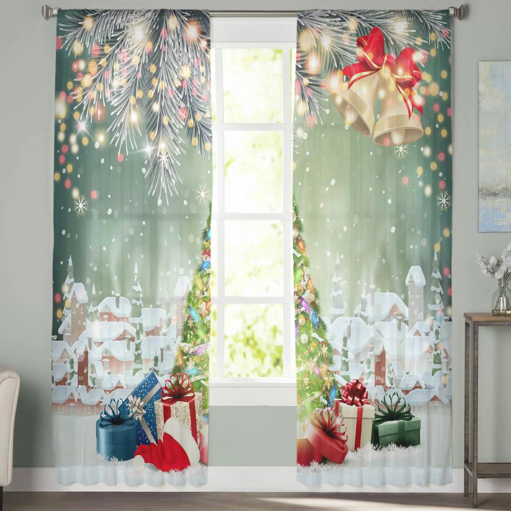 Christmas Tree Bells Village Snøing Tyll Rene vindusgardiner til stue Soverom dekor Voile Gardiner Gardiner