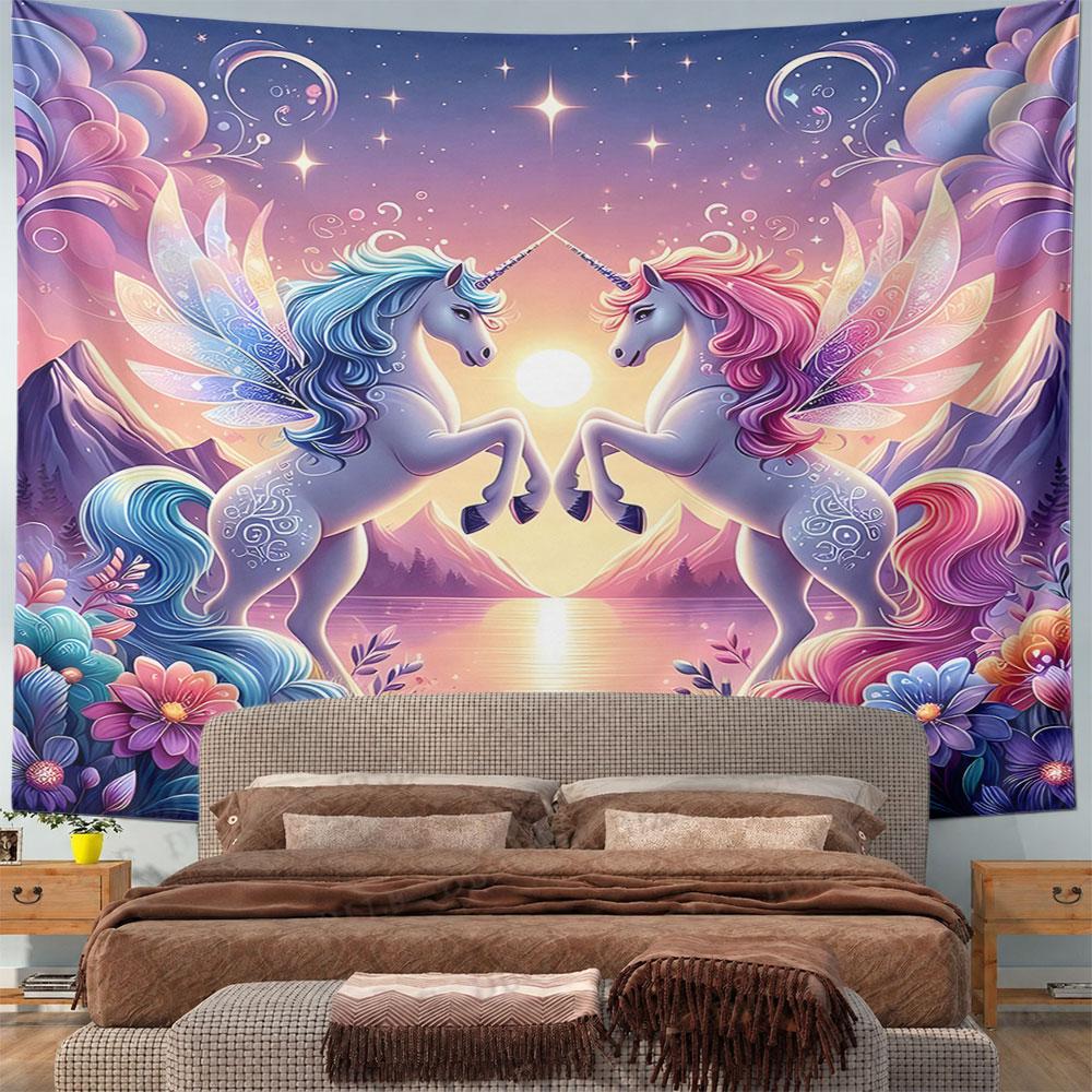 "Fantasy Unicorns by Sunset Lake" Pattern Wall Hanging Tapestry Decorative Tapestry Home Decor for Bedroom and Living Room