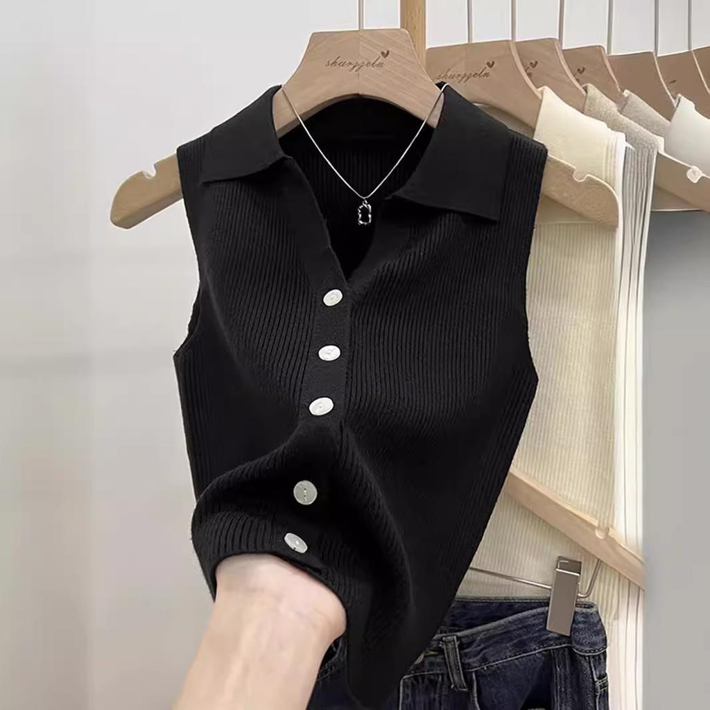 Polo lapel thin slim sling outer vest women's summer chic ice silk knitted vest sleeveless small top