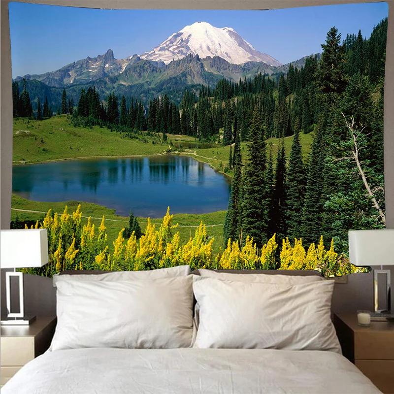 Горы и озера Гобелен Природный пейзаж Настенное искусство Тонкая ткань Потолок Одеяло — фото 6