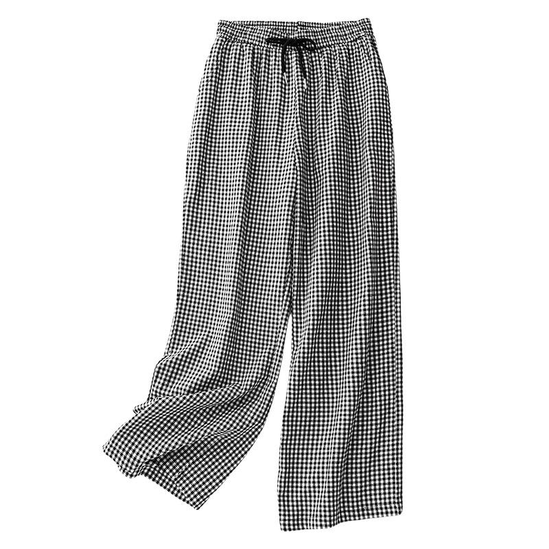 2025 Spring and Summer New Comfortable Drawstring Design Black and White Plaid Cotton and Linen Straight Pants Loose and Thin Lazy Style Floor Pants