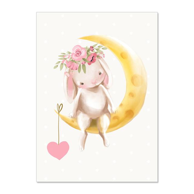 Cartoon Cute Bunny Holding Flowers Moon Love Baby Posters And Prints Wall Art Canvas Painting Wall Pictures Kids Room Décor No Frame