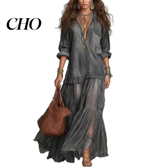 Beach Dress for Women Women's Faux Denim Shirt Dress, Long Sleeve Mesh Patchwork Pleated Detail Maxi Button Down Ruffle Sheer Elegant Summer