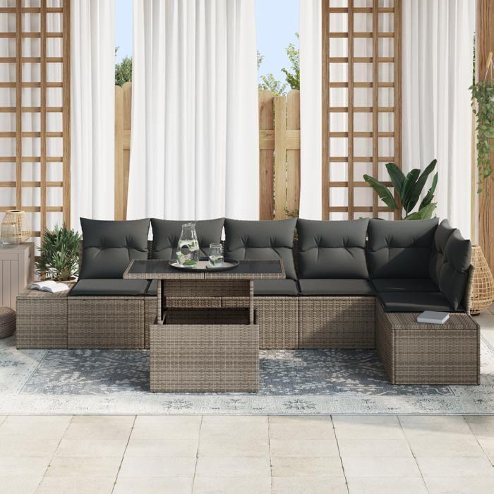 VidaXL Ensemble de Canapé de Jardin 7 Pièces avec Coussins Gris Rotin Poly 3357932